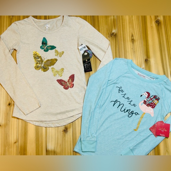 NEW Set of 2 Long Sleeve Shirts size 10/12 Medium Butterflies & Holiday Flamingo - Picture 2 of 16